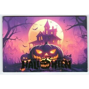 Vintage Halloween Photochrome Postcard Pumpkin Haunted House 5.5x4"